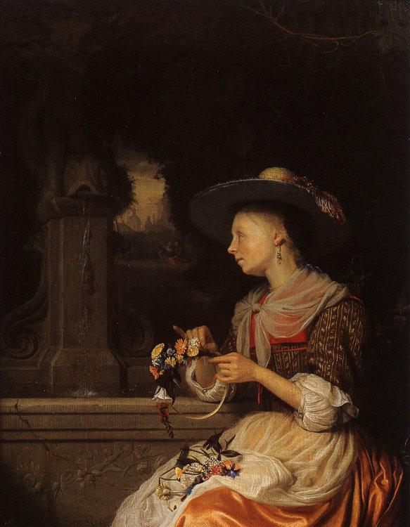 Godfried Schalcken Young Woman Weaving a Garland oil painting picture